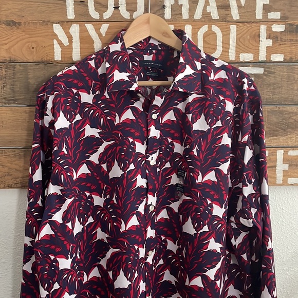Tommy Hilfiger Navy Red Hawaiian luau Print Long Sleeve Button Down Dress Shirt - Picture 3 of 7